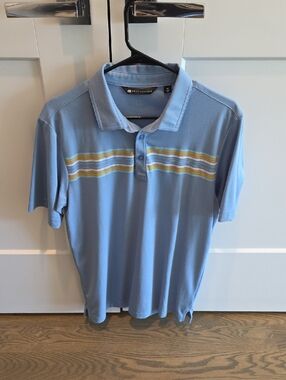 Travis Mathew Light Blue Polo with Yellow & White Stripes